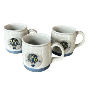 Three Hot Air Balloon Blue and White Embossed Ceramic Coffee Mugs